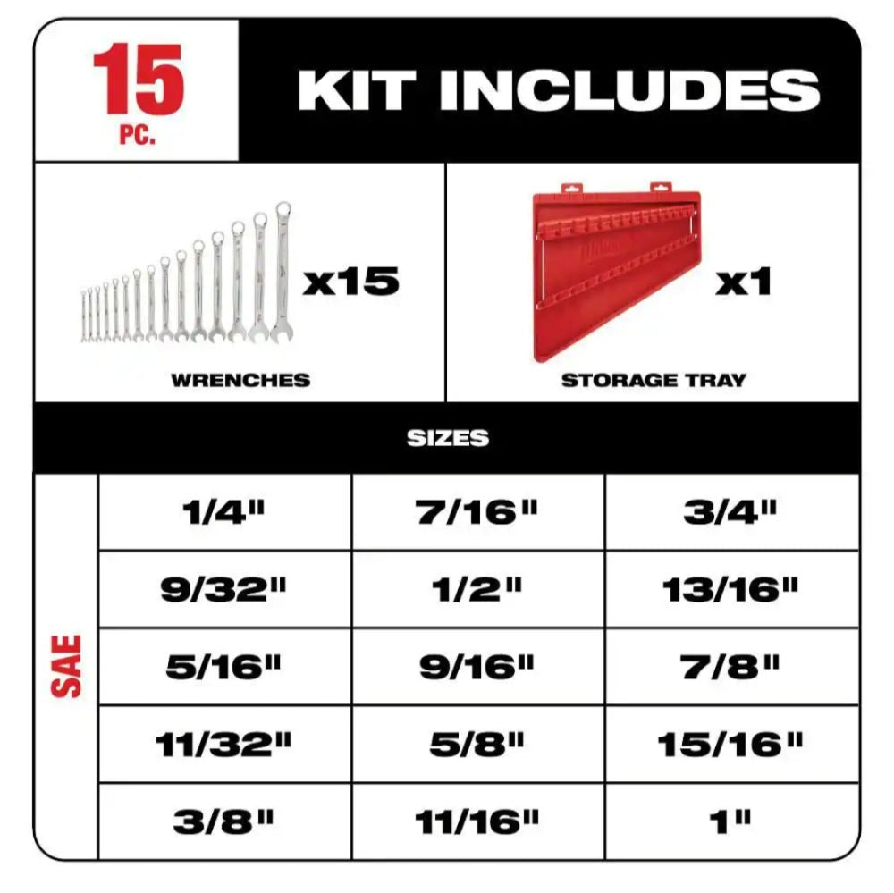 Combination SAE Wrench Mechanics Tool Set (15-piece)