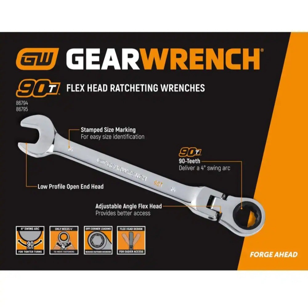 Metric 90-Tooth Flex Head Combination Ratcheting Wrench