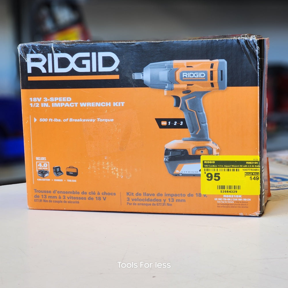 RIDGID 18V Cordless 1/2 in. Impact Wrench Kit with 4.0 Ah Battery