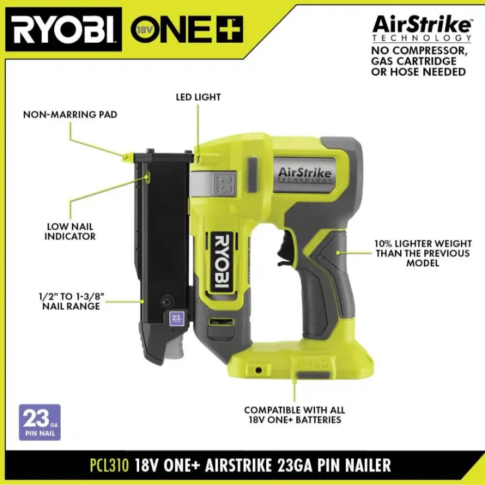 One + 18V Cordless Airstrike 23-Gauge Pin Nailer (Tool Only)