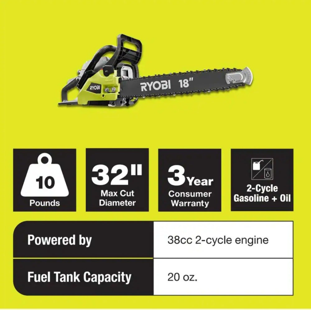 18 In. 38cc 2-Cycle Gas Chainsaw With Heavy-Duty Case